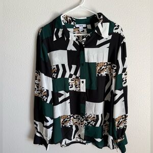 Bar III Women’s Multi-Tone Button Up Shirt Blouse Green Black Geo-Print Sz XL